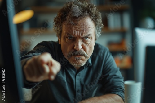 Angry man pointing and scolding in an office environment, expressing frustration during a serious discussion or argument at the workplace