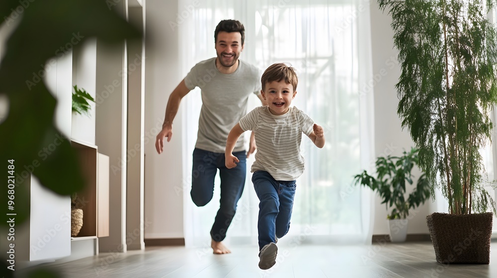 Fototapeta premium A father and his son run playfully through a brightly lit room.
