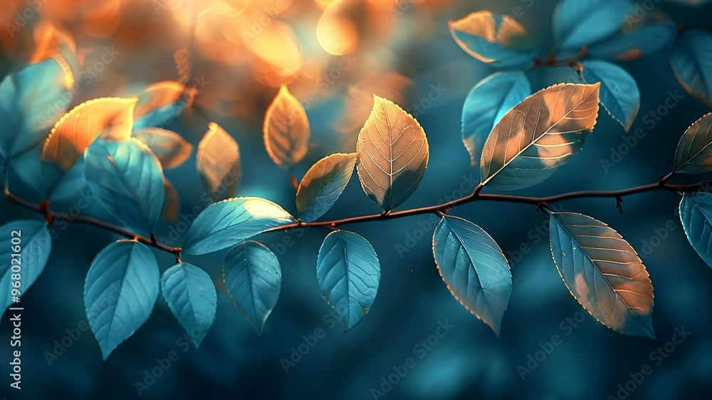 Close-up shot of leaves on a branch, with a blurred background and warm sunlight. Close-up shot of leaves on a branch, with a blurred background and warm sunlight.