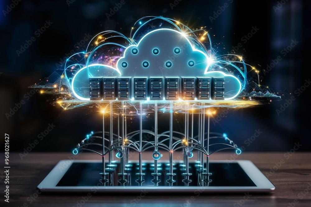 Fototapeta premium Cloud Computing Data Center concept of Digital cloud solutions on PCB futuristic background