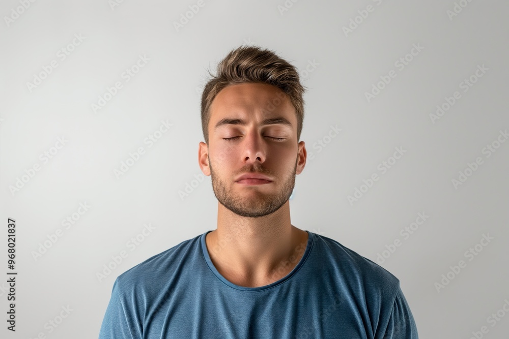 Fototapeta premium The man, deeply immersed in yoga, finds tranquility with closed eyes in a calming space, embracing inner peace