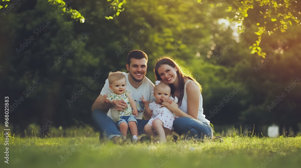Fototapeta premium A young family with two toddlers poses happily in a park setting.