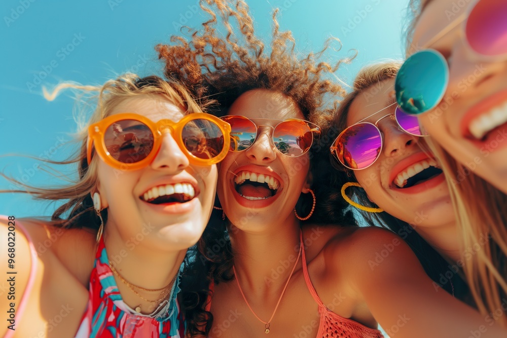 A lively group of friends joys in their sun-soaked celebration, donning colorful sunglasses and sharing infectious laughter A lively group of friends joys in their sun-soaked celebration, donning colorful sunglasses and sharing infectious laughter