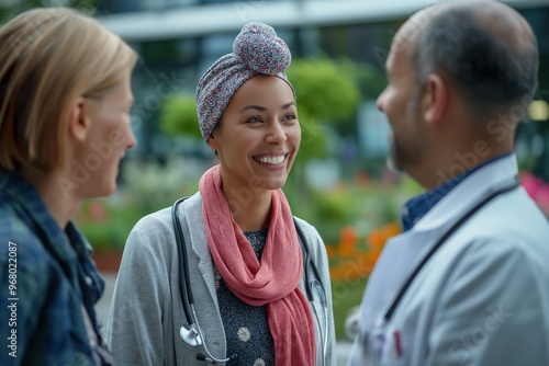 A doctor warmly interacts with visitors outside a hospital, sharing smiles and support amidst a peaceful garden setting