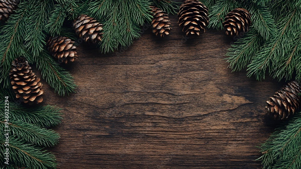 Pine branches and cones border a rustic wood background. Pine branches and cones border a rustic wood background.