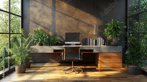 Modern home office with a desk, chair, and plants.