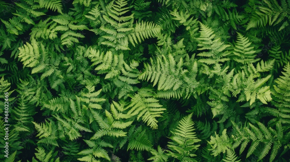 Top view of lush green ferns vibrant foliage background. The rich greenery forms a natural, textured pattern, perfect for nature-themed designs or backgrounds Top view of lush green ferns vibrant foliage background. The rich greenery forms a natural, textured pattern, perfect for nature-themed designs or backgrounds
