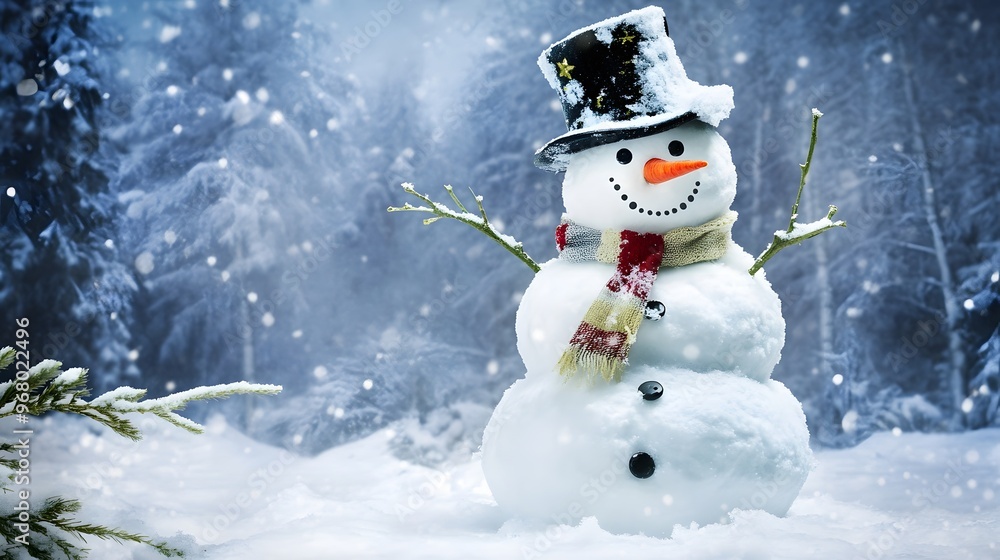 A cheerful snowman stands in a snowy forest. A cheerful snowman stands in a snowy forest.