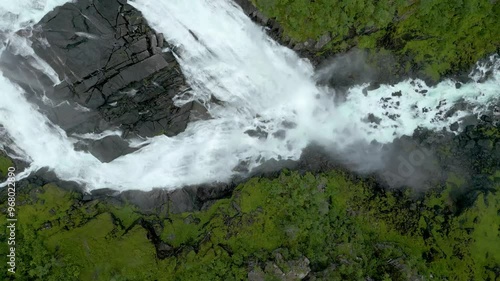 Aerial drone view of Nyastolfossen waterfall in Hardangervidda National Park, Norway photo