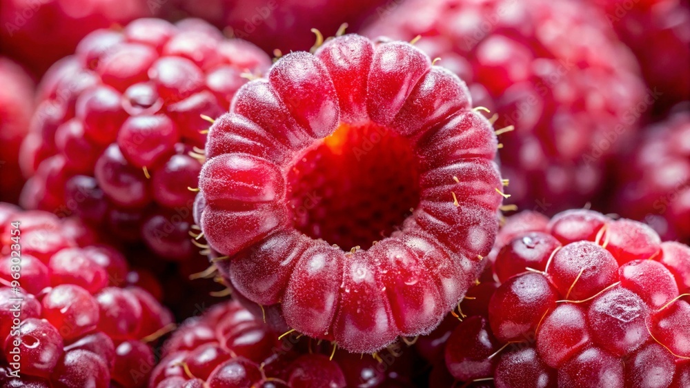 A high-quality macro photography of a close-up raspberry. There is one ...