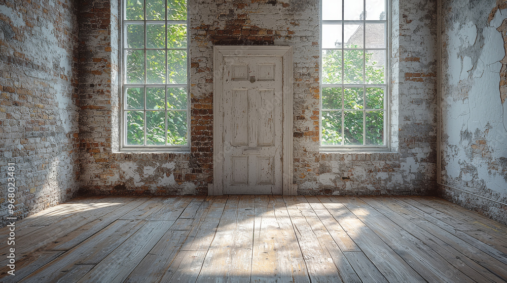 Empty room with white door and wood floors. Empty room with white door and wood floors.