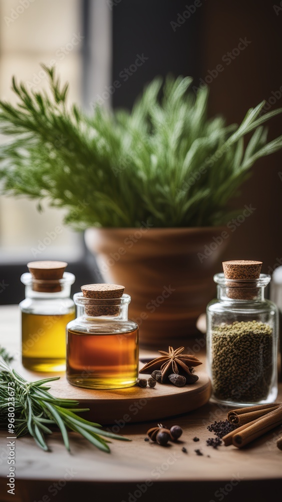 A collection of natural ingredients oils herbs spices and rosemary on a kitchen setup. A collection of natural ingredients oils herbs spices and rosemary on a kitchen setup.