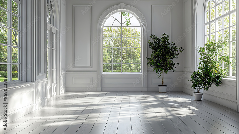 Sunlight streams through large windows in a white room. Sunlight streams through large windows in a white room.