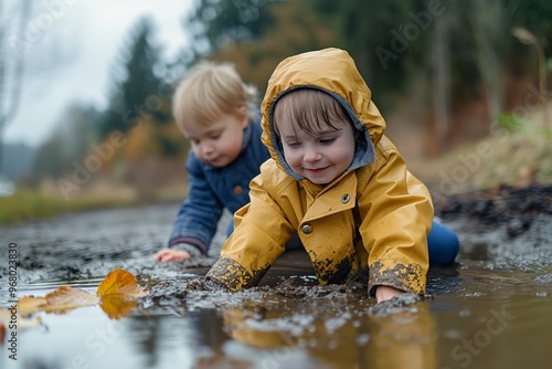 Toddlers exploring nature in autumn, wearing raincoats, playing in a muddy puddle, childhood innocence, and outdoor activity, perfect for autumnthemed content and familyoriented campaigns. photo