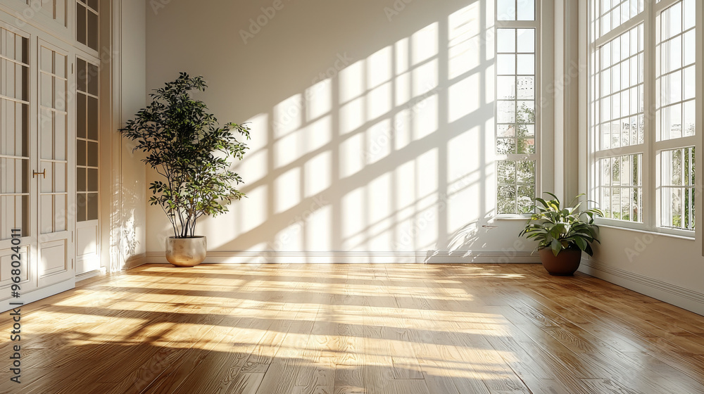 Sunlight streams through the windows of an empty room, casting warm shadows on the wooden floor. Sunlight streams through the windows of an empty room, casting warm shadows on the wooden floor.