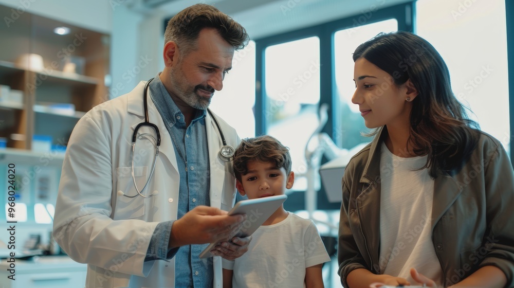 Obraz premium Doctor Consults Family on Medical Condition Using Digital Tablet in Modern Office Setting