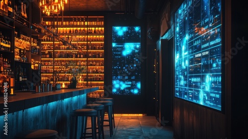 An innovative wine bar with interactive digital wine lists and bioluminescent pours, offering exquisite tastings style, isolated background