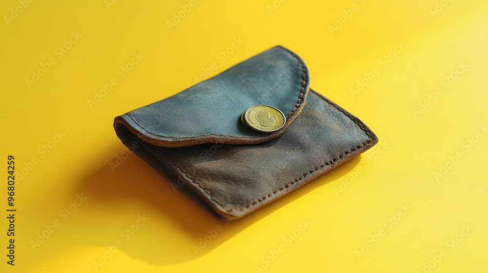 A small pouch for coins, sitting on a bright yellow surface. A small pouch for coins, sitting on a bright yellow surface.