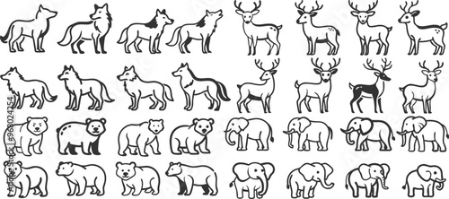 A collection of animals in a row, including bears, deer, and wolves