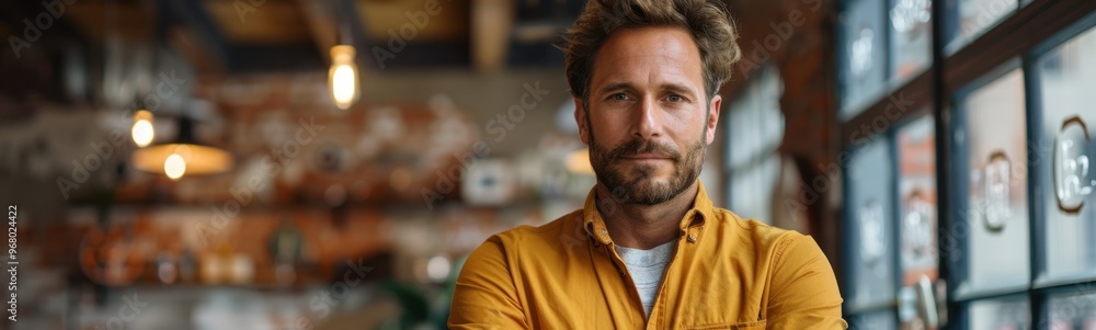 Fototapeta premium Man standing with his arms crossed in a restaurant