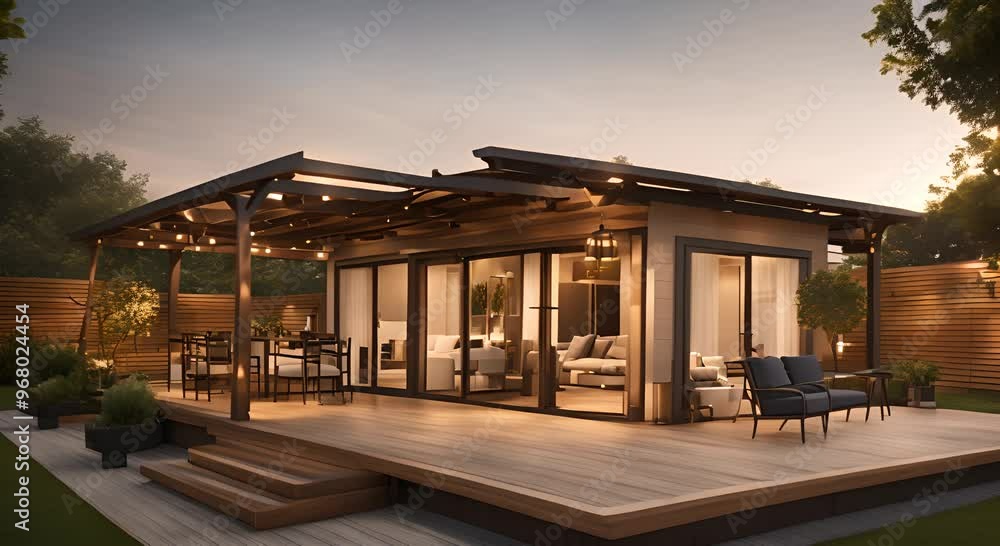 Back yard house exterior with spacious wooden deck with patio area and attached pergola 4k animation Back yard house exterior with spacious wooden deck with patio area and attached pergola 4k animation