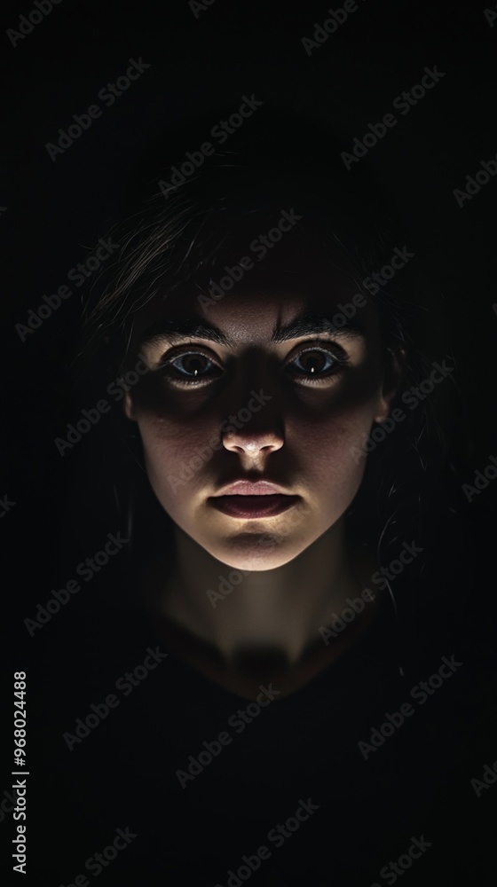 Vertical portrait of a person in a dark room, their face illuminated by a single light source, creating high contrast Vertical portrait of a person in a dark room, their face illuminated by a single light source, creating high contrast