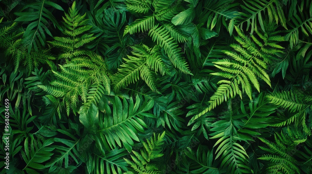 Top view of lush green ferns vibrant foliage background. The rich greenery forms a natural, textured pattern, perfect for nature-themed designs or backgrounds Top view of lush green ferns vibrant foliage background. The rich greenery forms a natural, textured pattern, perfect for nature-themed designs or backgrounds