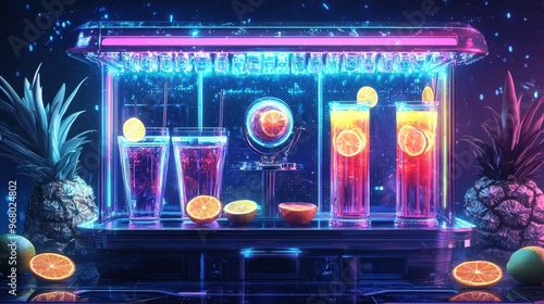 A futuristic lemonade stand with holographic drink designs and glowing citrus slices, refreshing patrons style, isolated background photo