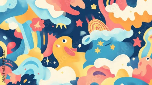 A vibrant and imaginative abstract display intermingles cheerful colors, whimsical shapes, and playful characters in a fantastical atmosphere