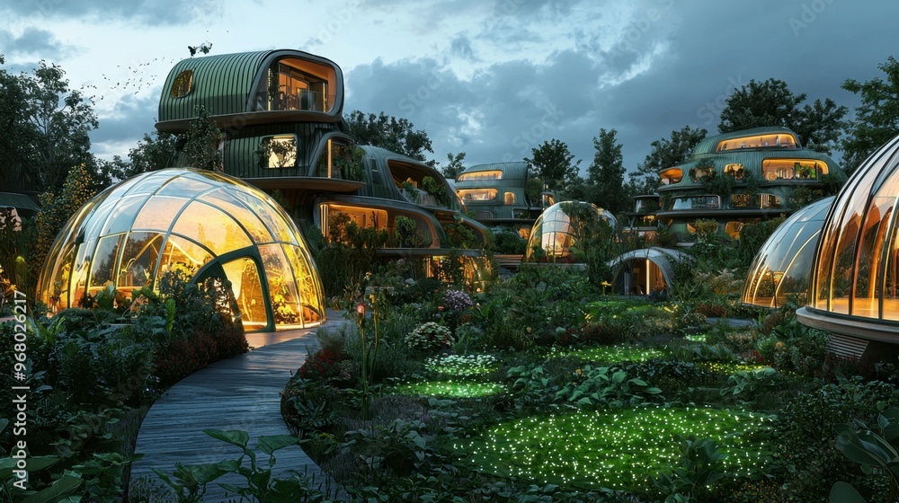 An avant-garde eco-village with shifting holographic homes and bioluminescent gardens, promoting green living style, isolated background An avant-garde eco-village with shifting holographic homes and bioluminescent gardens, promoting green living style, isolated background