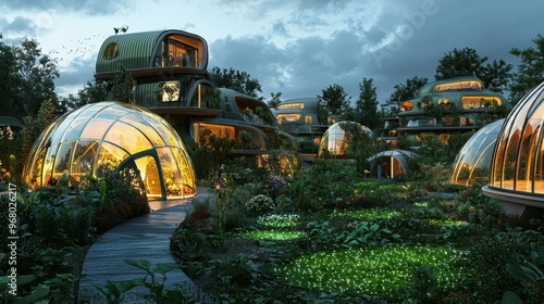 An avant-garde eco-village with shifting holographic homes and bioluminescent gardens, promoting green living style, isolated background photo