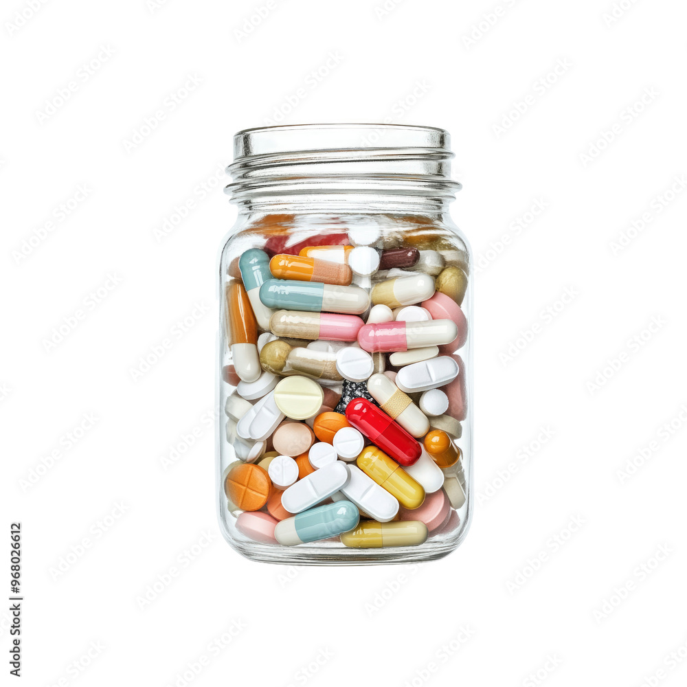 Glass Jar Filled with Assorted Pills and Capsules Glass Jar Filled with Assorted Pills and Capsules