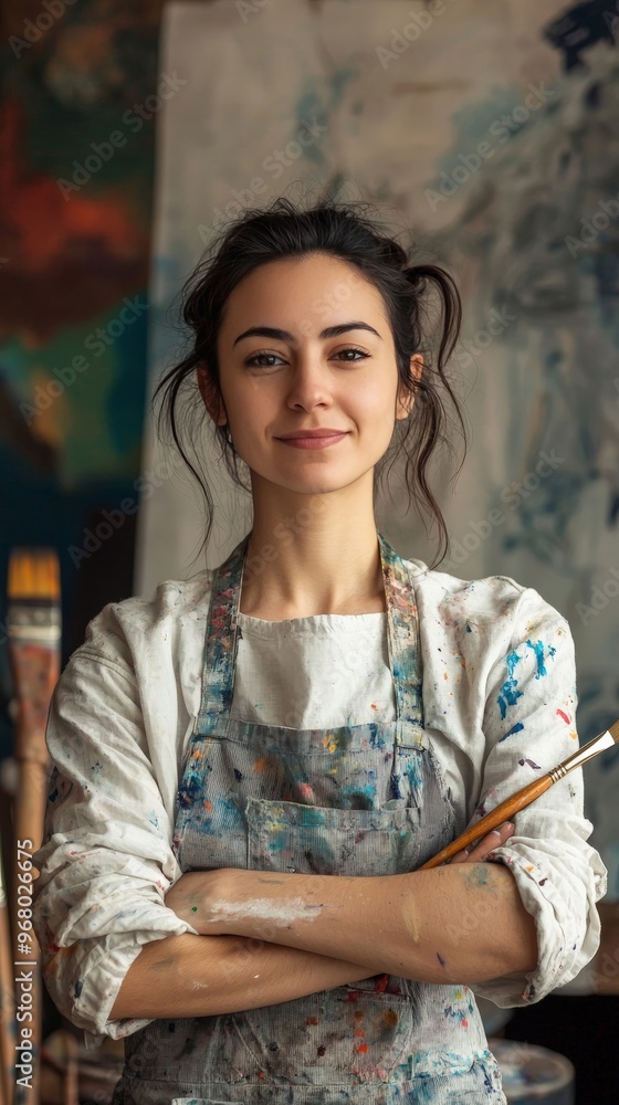 Vertical portrait of an artist with a paintbrush, the prop symbolizing their creative passion Vertical portrait of an artist with a paintbrush, the prop symbolizing their creative passion
