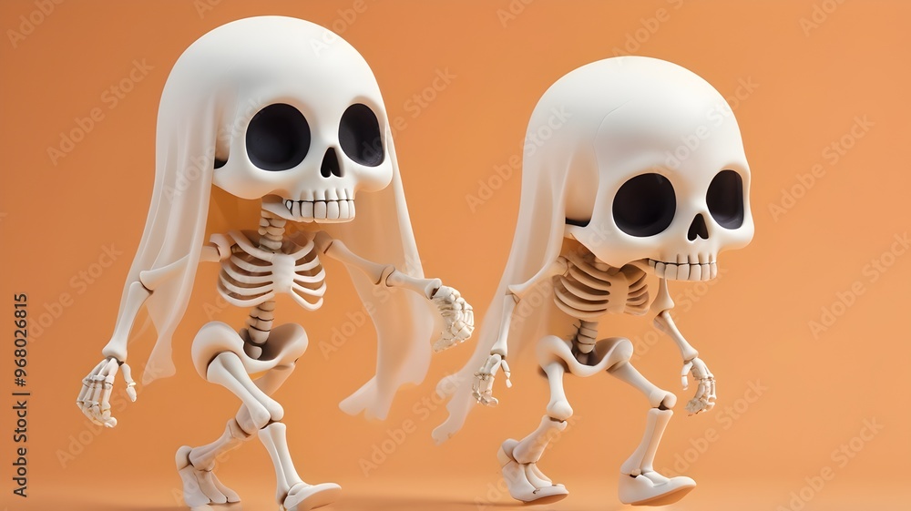 comic-style illustration of two whimsical skeletons in halloween scene comic-style illustration of two whimsical skeletons in halloween scene