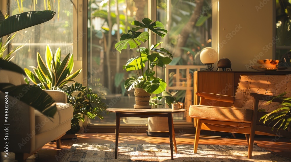 Fototapeta premium Interior design of living room with a monstera tree in mid-century modern style