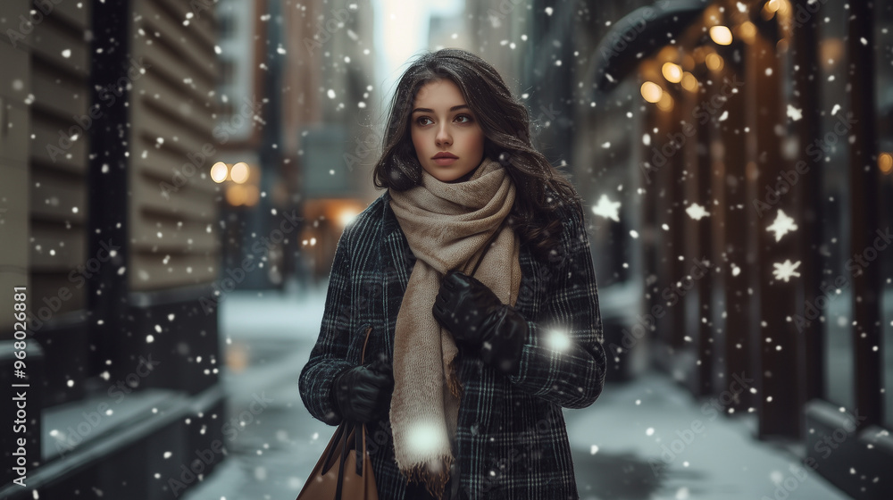 Stylish Woman Walking in the City During Winter Snowfall Stylish Woman Walking in the City During Winter Snowfall