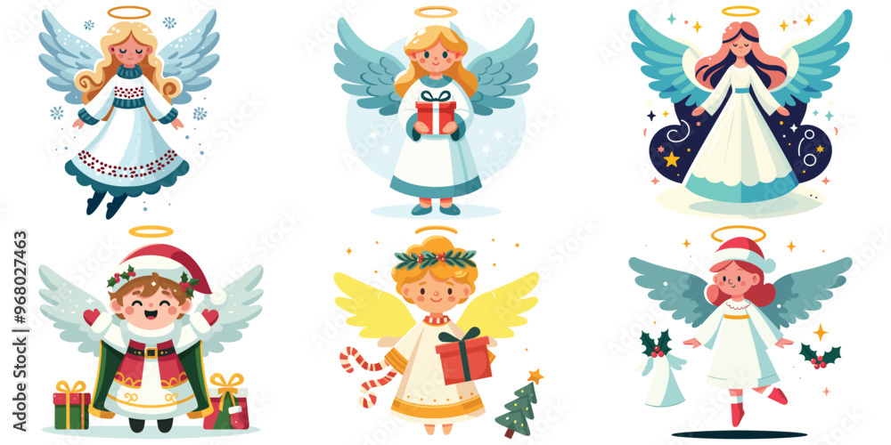 Cute cartoon angels with festive gifts, cheerful mood, perfect for Christmas holiday decor Cute cartoon angels with festive gifts, cheerful mood, perfect for Christmas holiday decor