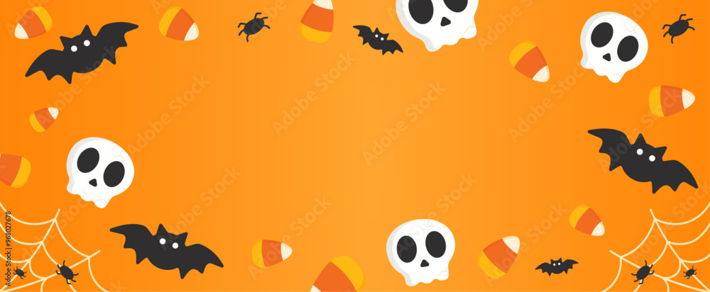 Halloween holiday frame, border with copy space. Spooky skulls, candy, spiders, bats. Vector banner, background illustration template. Halloween holiday frame, border with copy space. Spooky skulls, candy, spiders, bats. Vector banner, background illustration template.