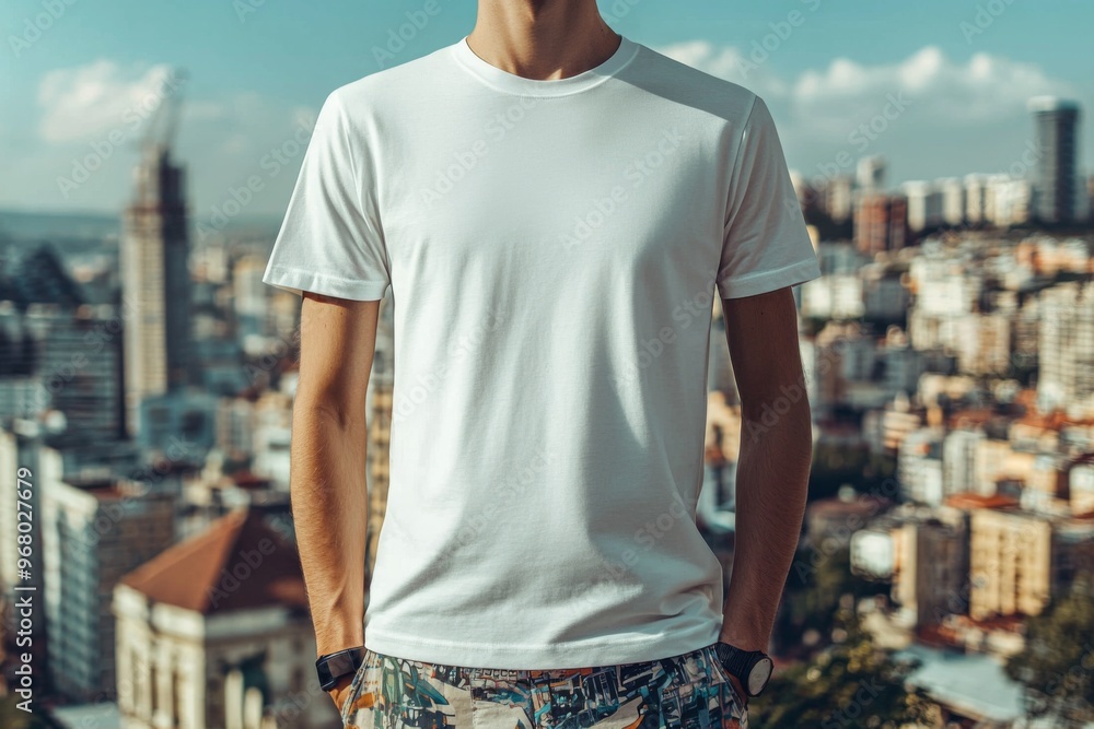 T-shirt worn by a model in an urban street wear style created with Generative AI T-shirt worn by a model in an urban street wear style created with Generative AI