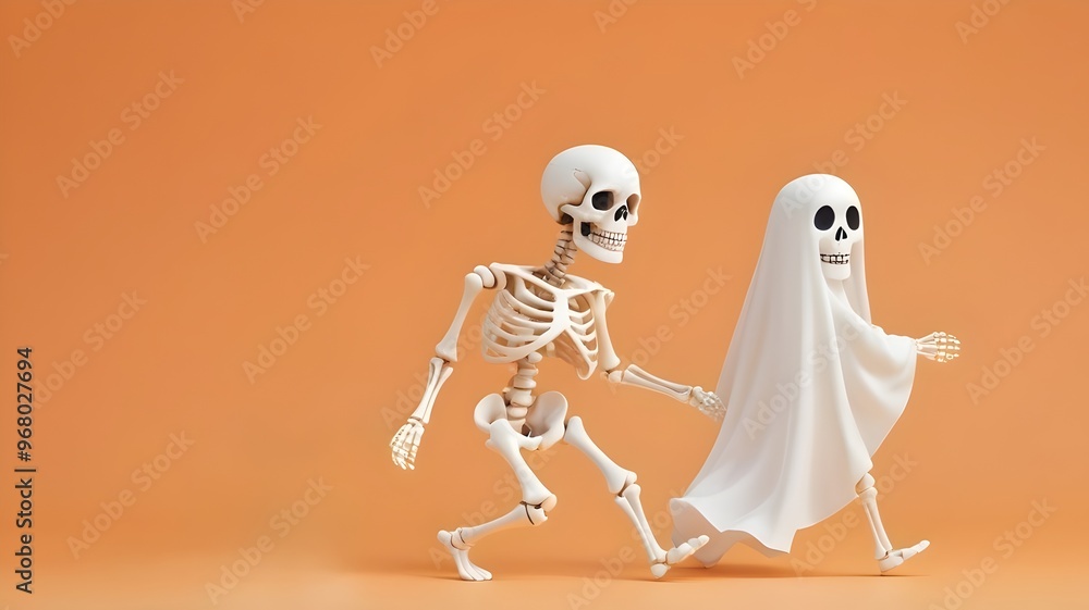 playful halloween ghost and skeleton in festive walk on vibrant orange playful halloween ghost and skeleton in festive walk on vibrant orange