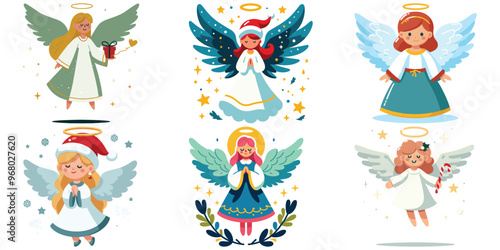 Cute Christmas angels in various poses, vector illustrations, perfect for holiday cards
