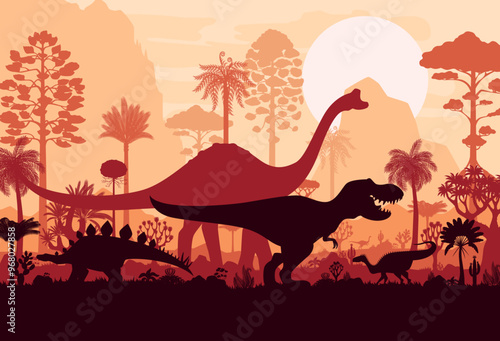 Prehistoric dinosaurs silhouettes in tropical jungles. Vector scene with silhouetted dino species roam landscape with ferns, rocks, palm trees and large sun at dusk sky. Ancient Jurassic era panorama