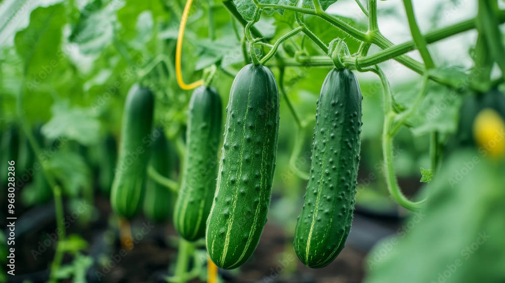 Green cucumbers growing in a greenhouse. Green cucumbers growing in a greenhouse.