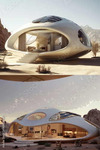 Futuristic Dome-Shaped Autonomous House with Solar Panels in a Remote Desert Landscape