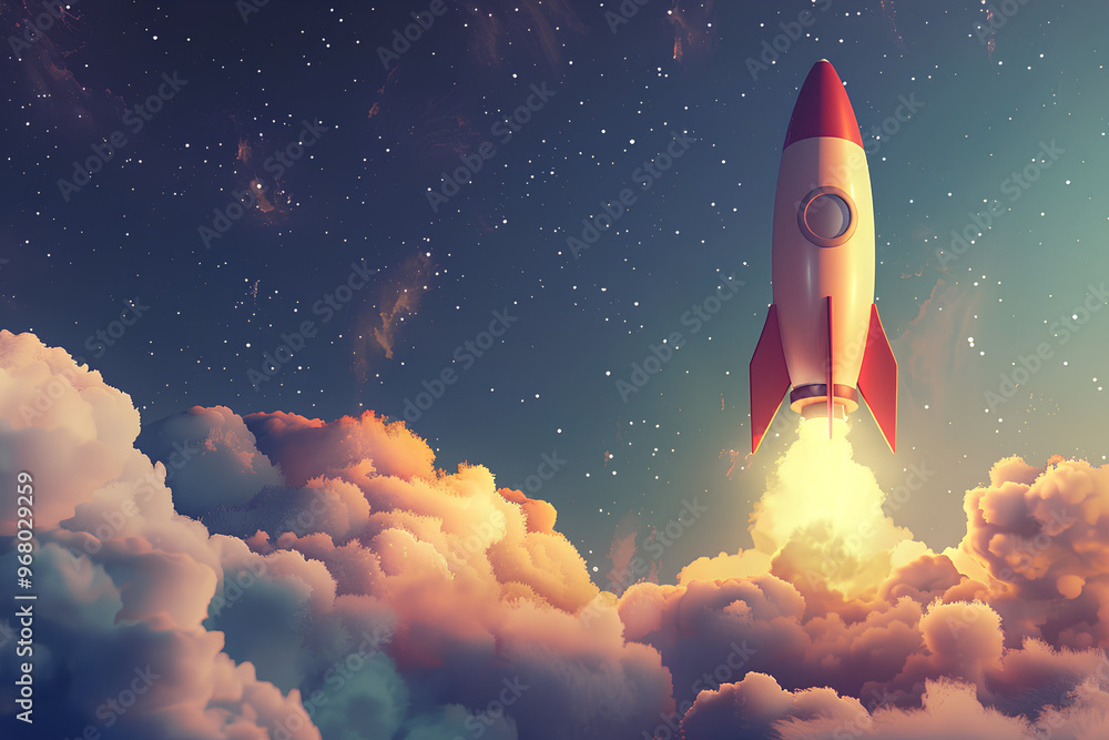 A rocket is flying through the sky with a bright orange and white color A rocket is flying through the sky with a bright orange and white color