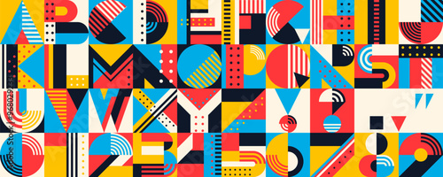 Abstract modern geometric font, color letters and numbers typeface of english alphabet. Vector typography abc characters and symbols type set with rainbow color geometric shapes, lines and dots
