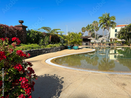 View of the hotel pools on the summer day. Funchal. Madeira. Portugal.