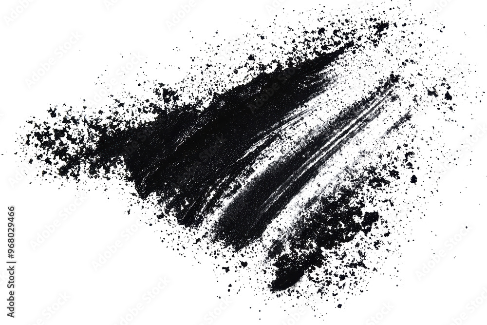 Fototapeta premium Abstract black paint texture on transparent background. Artistic brush stroke with splatters, perfect for backgrounds and design projects.