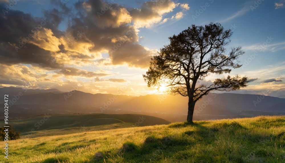 Sunset over a landscape with a solitary tree, casting long shadows on the rolling hills. Sunset over a landscape with a solitary tree, casting long shadows on the rolling hills.
