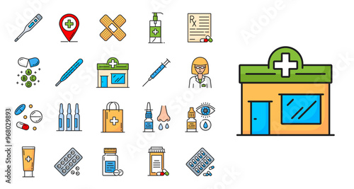 Pharmacy color line icons, vector medicine and health care. Drugs, medicines and pills outline symbols, vitamin bottle, doctor prescription, syringe and vaccine, capsule, pharmacist, pharmacy building